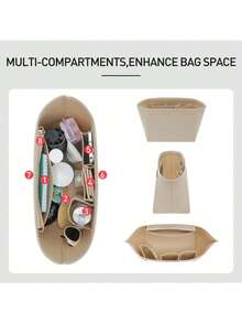 2025款手提包收纳内胆包，多口袋毛毡手提包收纳袋，带拉链和杯架，旅行必备 - 米色 - 查看 2