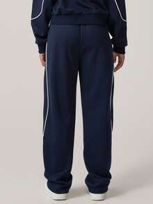 NcmRyu 1pc Women High Waist Straight Leg Striped Sports Pants With Side Pockets - Navy Blue - View 9