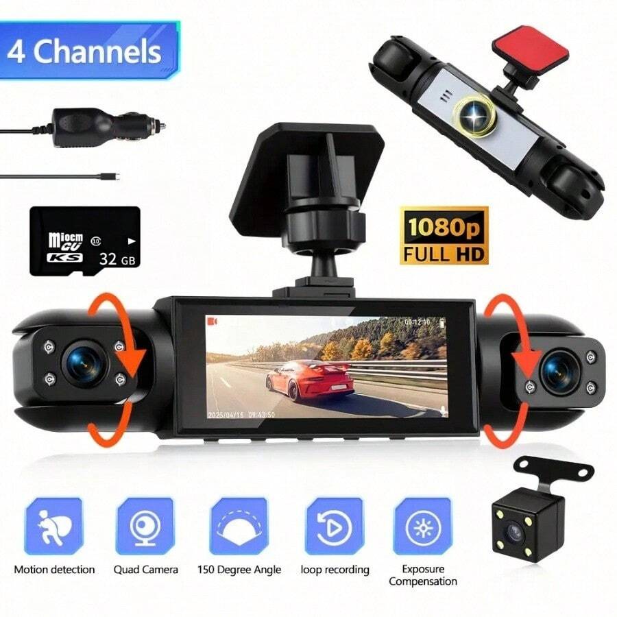 Kamera Dasbor 4 Saluran, Perekaman Panorama 360°, Kamera Depan & Belakang 1080P HD, Kamera Kiri & Kanan, Termasuk Kartu TF 32GB, Dengan Sensor G, Penglihatan Malam, dan Mode Pemantau Parkir 24 Jam