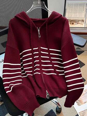 Cárdigan casual de punto holgado con capucha reversible con cremallera y estilo universitario de rayas de contraste para otoño/invierno