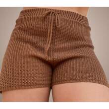 Short Crochet Beach Cover-Up With Adjustable Waist, Knitted Fabric, Women's Beachwear - màu nâu - Xem 3