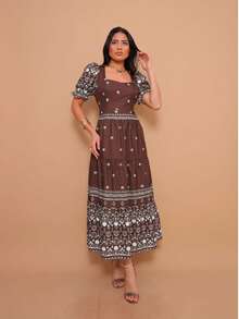 Helena Elegant Midi Dress With Printed Crepe Fabric And Short Sleeves. - Coffee Brown - View 4