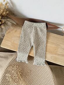 Baby Girls' Ditsy Floral Thermal Lined Pants With Ruffle Hem, Apricot, Winter - Apricot - View 3