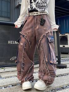 1件男士美式街头风拼接多口袋工装牛仔裤，宽松舒适阔腿休闲裤，四季皆宜的百搭牛仔裤（不含腰带和配饰） - 紅色 - 查看 3