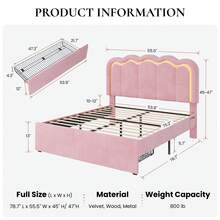 SHA CERLIN Twin/Full/Queen Upholstered Size Bed Frame With LED Lights, Adjustable Velvet Headboard With Wavy Design, Noise Free, Wooden Slats Platform Bed, Easy Assembly, No Box Spring Needed, Pink - View 10
