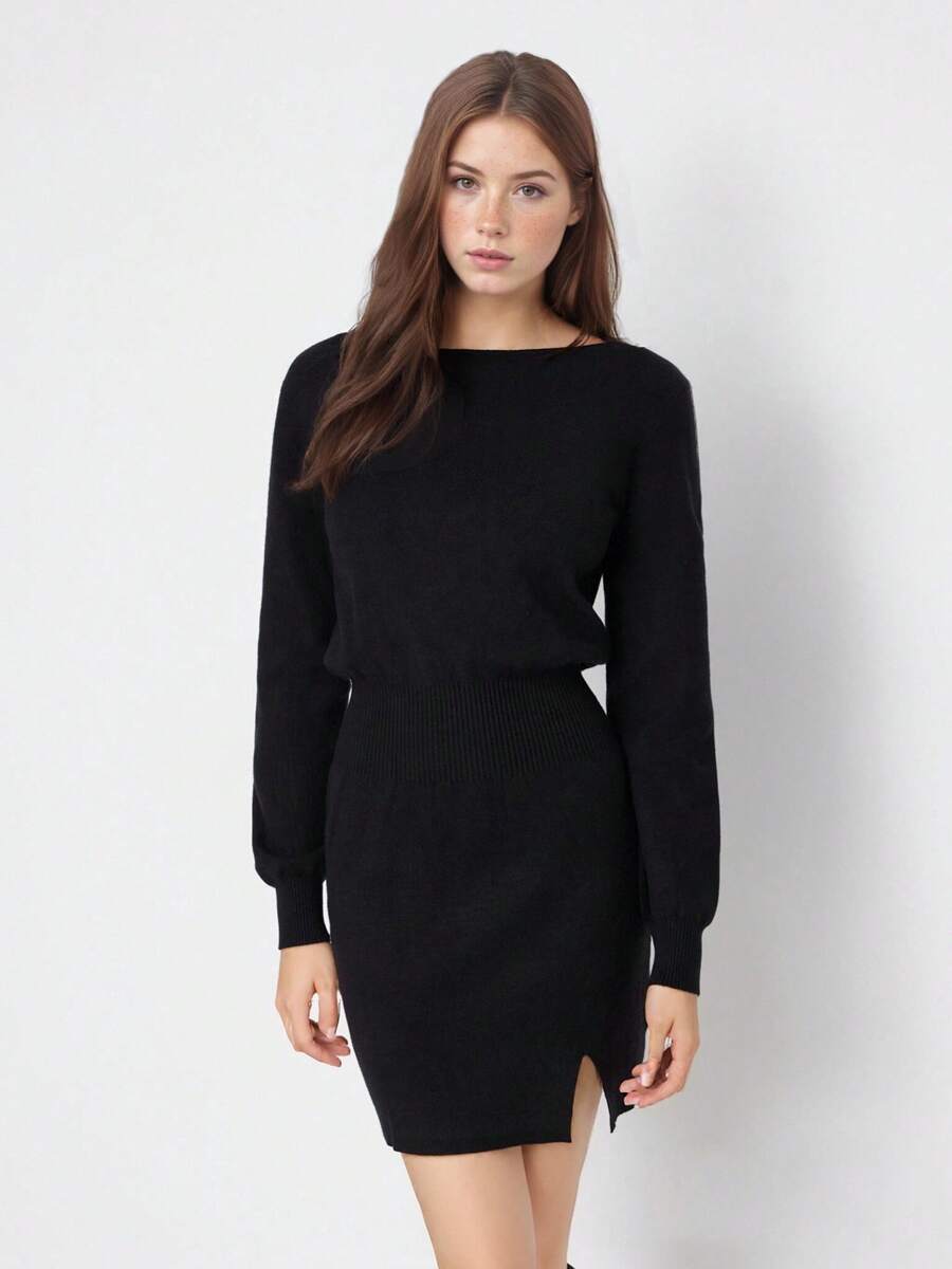 女士圆领长袖开衩下摆纯色针织毛衣连衣裙 - 黑色 - 查看 1