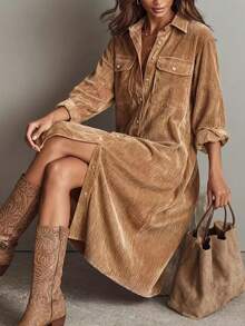 Women's Solid Color Corduroy Shirt Dress, Elegant And Stylish, Fashion Versatile, Spring/Autumn - Brown - View 8
