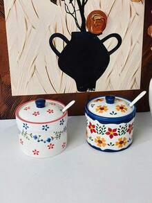 1pc Floral Design Ceramic Spice Jar With Lid And Spoon, Creative Household Seasoning Container, Convenient Spice Dispenser