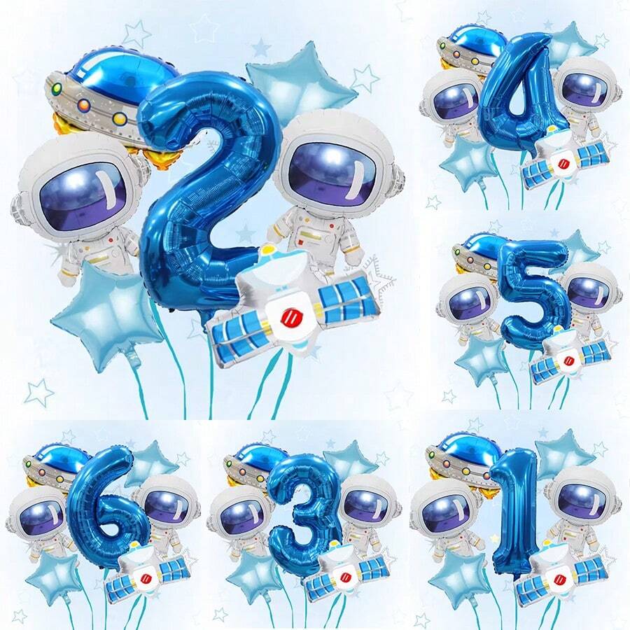 7pcs Astronaut Balloon Decoration Set - For Birthday, Party, Space Theme Decor - Includes 32inch Blue Number 1,2,3,4,5,6 Balloons, Suitable For 1st Birthday - No Power Required To Float - Fit For Boys Astronomy Party - All Season Celebration Decor, Space Themed Design, Balloons - Blue - View 1