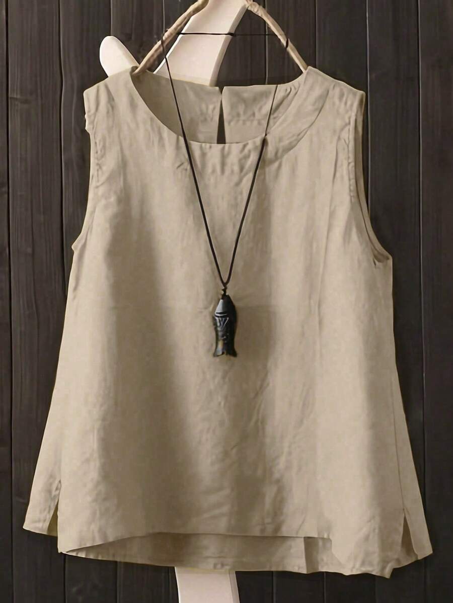 Áo ba lỗ rộng rãi cổ tròn không tay màu trơn cho nữ, mùa hè - Màu Khaki - Xem 1