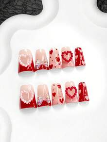 10pcs Red Romantic Valentine's Day Nail Art Set, Hand-Painted Heart Fake Nails, French Press-On Nails, Heart & Bow Nail Decorations, Gel Nail Kit, Includes Nail Tools (1 Jelly Sticker + 1 Nail File), 3 Sizes Available: Almond, Duck Mouth, Coffin, Suitable For Party, Anniversary, Valentine's Day, Daily Nail Care - 彩色 - 查看 2