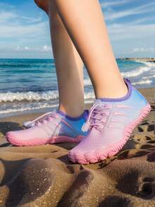 Kids Summer New Aqua Shoes, Striped Print, Breathable Mesh, Low-Top Hook And Loop, Quick-Dry Barefoot, Girls Beach/Swimming Shoes, Rubber Non-Slip Sole, Outdoor Cycling, Indoor Fitness Yoga Running Jumping Multifunctional Training Shoes - Pink - View 18