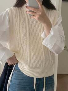 Plus Versatile And Fashionable Women's Autumn And Winter Solid Color Crew Neck Sleeveless Sweater Vest, 2025 New Fall, Stylish Casual Going Out, Y2K 2000s Style Sweater Vest,Valentine's Day,Christmas Party - Apricot - View 2