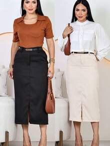 Elegant Midi Skirt For Evangelical Women With Belt - Đen / Be - Xem 1