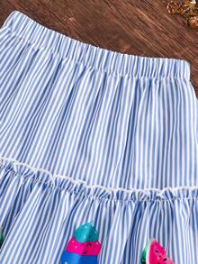 Conjunto de blusa de manga corta con cuello redondo y falda con estampado de dibujos animados para niña pequeña - Blanco - Ver 5