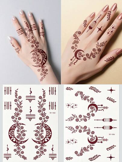 ورقتان من وشم الحناء البني على شكل القمر، ملصقات وشم مؤقت بنقوش زهرية للفن الجسدي وتصاميم الميهندي
