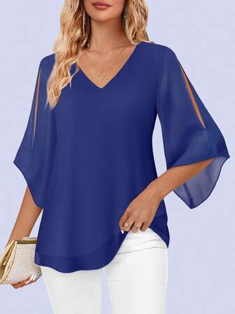 CheersLife 여성 플러스플러스 사이즈 러플 3/4 소매 V 넥 더블 레이어 메쉬 블라우스 루즈핏 플로이 튜닉 탑