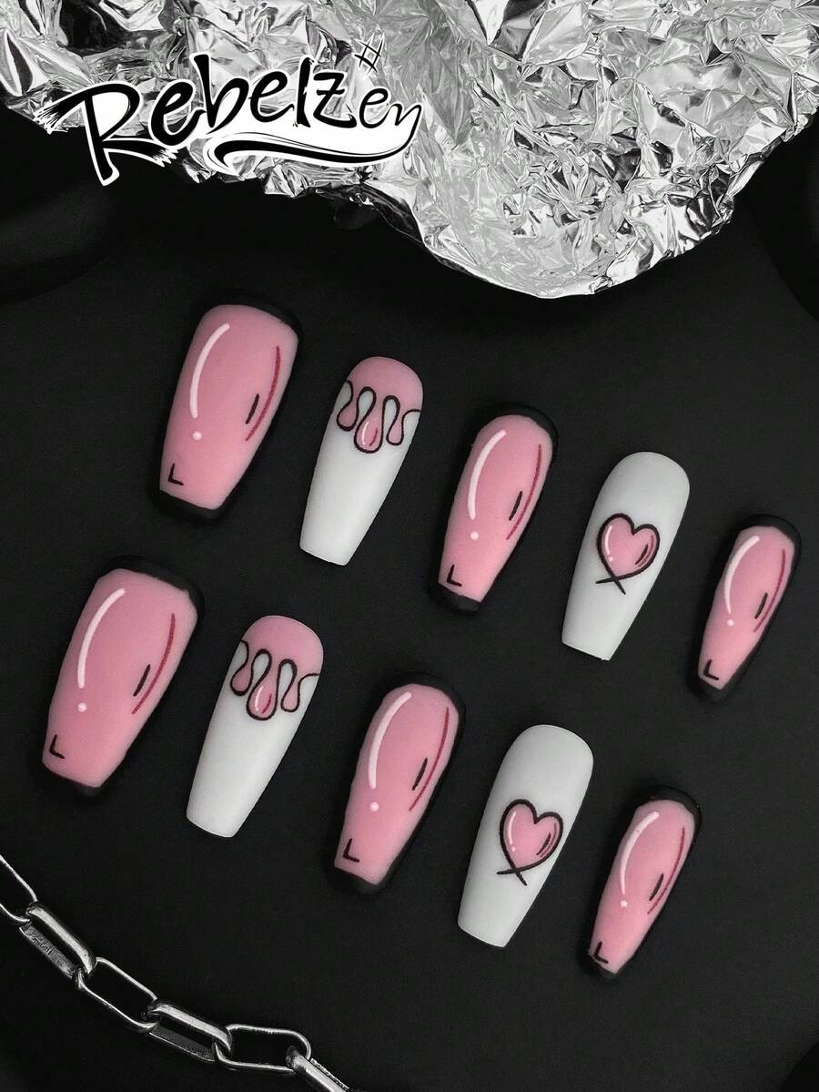 10 Pieces Of Hand Pressed Coffin-Shaped Nails, Beautiful Fake Nails, DIY, Pink And White Contrasting Color Manicure, With Comic-Style Lines, Hearts And Drip Designs, Creating A Cute Yet Rebellious Sweet Girl Style,For Girls And Ladies In Weddings, Parties, Holiday Scenes, Gift A Nail Kit