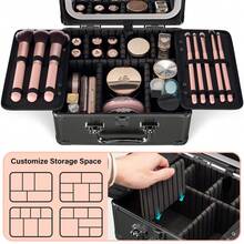 Makeup Bag With LED Mirror, Handheld Travel Makeup Case, Lightweight Large Capacity Makeup Box With Movable Partition, Cruise/Travel Essentials - Black - View 6