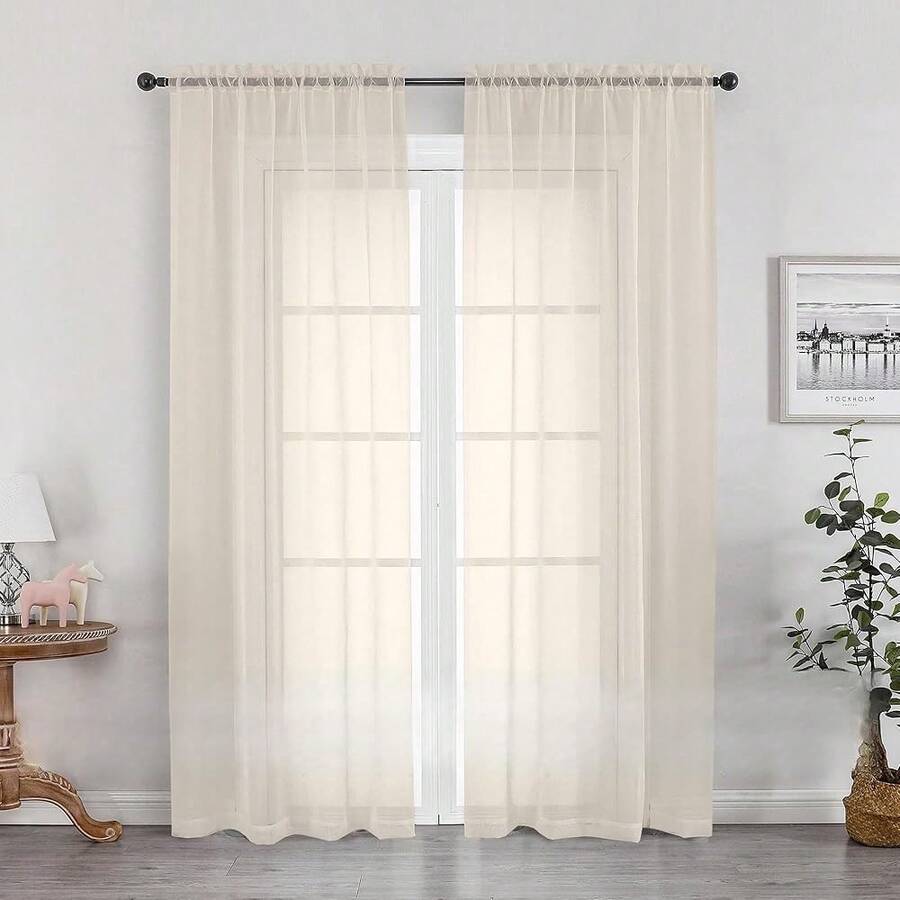 OWENIE Sheer Curtains 72 Inches Long 2 Panels Set, Light Filtering Sheer Curtain Rod Pocket Clear Drapes For Living Room Bedroom Window Sliding Door, Each 42 X 72 Inch, Cream,42inchWx72inchL(Packof2),Cream - Cream - View 1