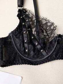性感内衣女士文胸蓝色网纱刺绣吊带背心三件套 - 黑色 - 查看 7