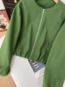 GMFP Women's Casual Elegant Loose Solid Color Pocket Zipper Long Sleeve Round Neck Jacket, Women's Autumn/Winter Bomber Jacket, Green Wool Coat, Women's Winter Jacket, New Year/Valentine's Day