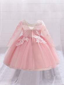 Baby Girls' Pink Long Sleeve Elegant Tulle Princess Dress, Suitable For Parties - Pink - View 3