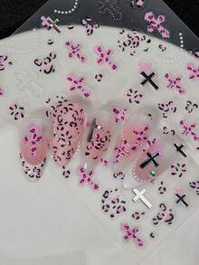 A Sweet And Cool Nail Sticker With Relief Texture Design, Y2K , Featuring Elements Such As Crosses, Pearl Chains, Leopard Print Texture, Etc., Suitable For Personal DIY And Creating Retro Sweet And Cool Nail Art