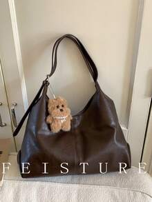 1 pieza Bolso de hombro de mujer de gran capacidad de unicolor FEISTURE PU, con cierre magnético y colgante de peluche, adecuado para salidas diarias, citas y viajes - Café - Ver 3