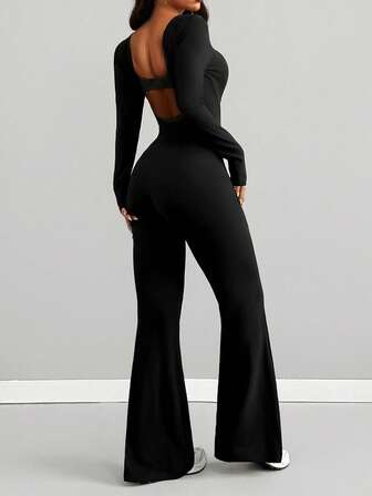 AiTyi Women's Jumpsuit, Well Fitted, Casual, Backless, Fashionable, Sexy, Slim, Comfortable, Suitable For Sports, Outdoor, Commuting, Versatile, Graduation, Christmas, New Year, Thanksgiving, Autumn/Winter, Hollow, Elastic, Knitted, Long Sleeve, Flared Leg Jumpsuit