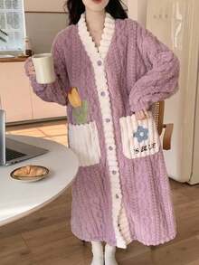 Coral Fleece Floral Decor Velvet Robe, Warm Winter Bathrobe, Cute Long Sleeve V-Neck Pocket Robe, Women's Pajama Set, Thick Long Velvet Bathrobe Loungewear, Essential Autumn/Winter Homewear, Accompany You Through The Cold Winter, Christmas/Birthday Gift