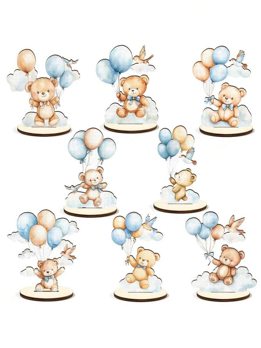 Bộ 8 món - Đồ trang trí bàn tiệc mừng em bé bằng gỗ, bảng tên hình gấu xanh có thể tháo rời, đồ trang trí bàn tiệc tiết lộ giới tính, đạo cụ chụp ảnh sinh nhật hình gấu, đồ dùng tiệc mừng em bé, bé trai (màu xanh) - Nhiều màu - Xem 1