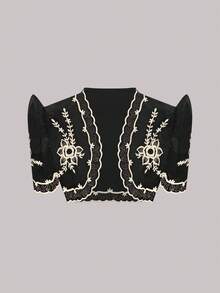 Modern Filipiniana Women's Floral Print Ruffle Puff Sleeve Cropped Cardigan, Spring/Summer - Black - View 1