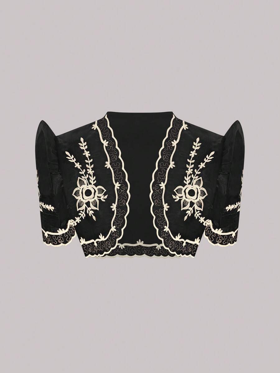 Modern Filipiniana Women's Floral Print Ruffle Puff Sleeve Cropped Cardigan, Spring/Summer - Black - View 1