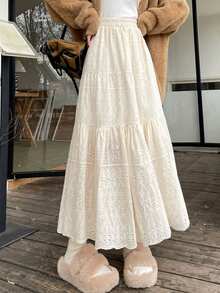 日韩女式校服半身裙，白色镂空提花蛋糕裙，四季A字长裙，Y2K风格女装，仙女超感系带半身裙，伞裙 - 杏色 - 查看 6