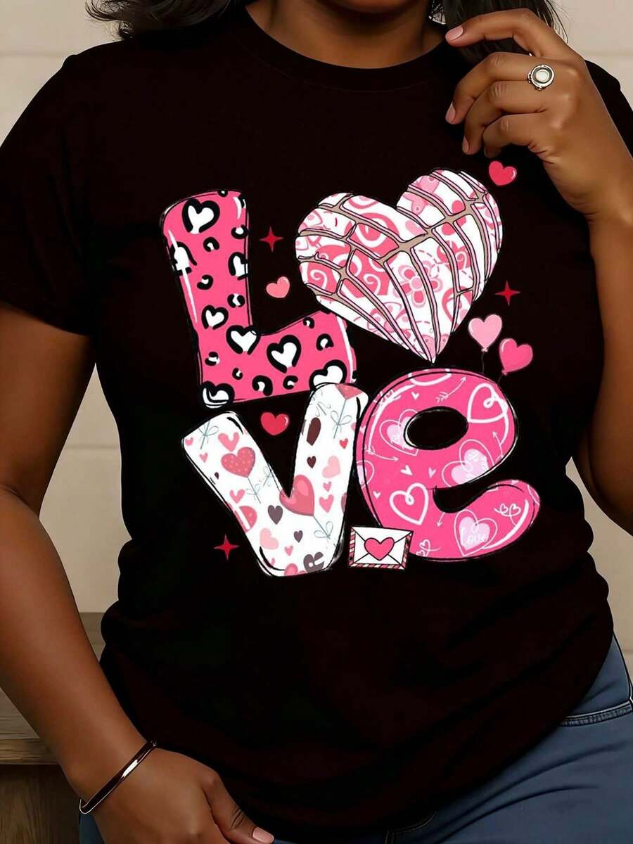 Women's Casual Valentine's Day Love Heart Pattern Print T-Shirt For Women Valentine Day Casual Wear - màu đen - Xem 1