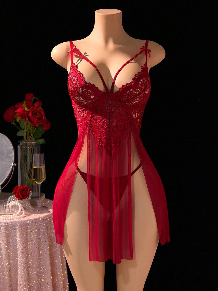 Valentine's Day Pajama Sets For Women,Plain Contrast Lace Backless Bow Slit Mesh Strapless Sexy Dress, Burgundy Deep V Backless Silky Doll Dress With Sheer Thongs, Deep Night Couple Romantic LingerieSet.Comfortable Sleepwear,Suitable For Dates, Parties, Intimate Occasions - Màu Đỏ Sâu - Xem 1