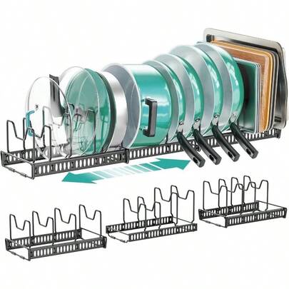 Organizador de ollas y sartenes de 3 paquetes para debajo del gabinete, 2 niveles, 14 divisores, 3 métodos DIY, expandible, fácil instalación, soporte de almacenamiento para ollas, sartenes y tapas dentro del gabinete, color negro
