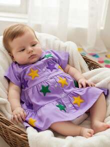 Little Girl MardiGras Dress Star Patch Short Sleeve Collared Tiered Ruffle Dresses Casual Summer Spring Clothes - 紫色 - 查看 4