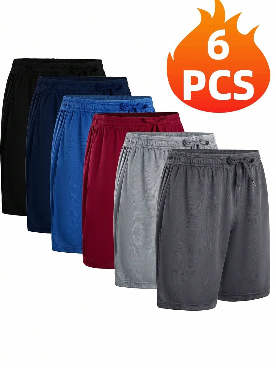 6PCS  Men's Athletic Performance Shorts ,Men's Sports Shorts, Basketball Shorts, Running, Fitness, Hiking, Quick Drying Fabric, Breathable And Comfortable - 黑色+藏青+深灰+淺灰+寶藍+紅酒 - 查看 1