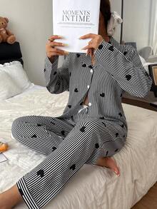 条纹心形印花睡衣套装，甜美可爱翻领纽扣长袖上衣和裤子，女士睡衣家居服套装，秋冬 - 黑與白 - 查看 6