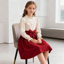 Girls' Elegant 3D Floral Beaded Design Ruffle Collar Long Sleeve Dress, Contrast Ruffle Hem And Decorative Waistband, Suitable For Spring And Autumn - Redwood - View 3