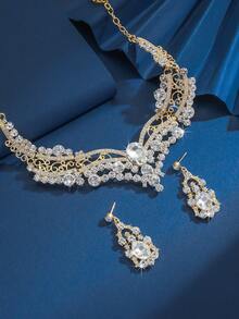 3pcs/Set Exquisite High-End Zinc Alloy Inlaid Crystal Necklaces And Earring Sets, Multifunctional Style, Suitable For Women's Daily Wear, Weddings, Parties, Festivals, Vacation Gifts - Golden - View 4