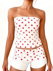 Women Polka Dot 2 Piece Outfits Summer Vacation Matching Set Strapless Tube Top And Baggy Shorts Lounge Set - 紅色 - 查看 3