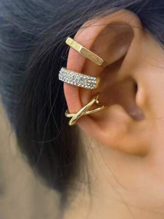 3件套时尚金色水钻镶嵌耳夹套装，女士日常佩戴饰品，日常搭配的理想之选