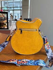 Creative Y2k Style Vintage Guitar Shaped Bag For Girls, Bass Guitar Unique Design Shoulder Bag, Crossbody Bag, Chain & Rivet Decoration, Color Block Wide Strap Unisex Bag, Street Fashion, Rock Style Bag For Women - 彩色 - 查看 3