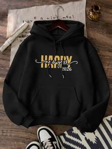 Sudadera negra informal para mujer con cordón ajustable, bolsillo, manga larga y hombros caídos, de punto, con estampado de Feliz Año Nuevo 2026. - Negro - Ver 2