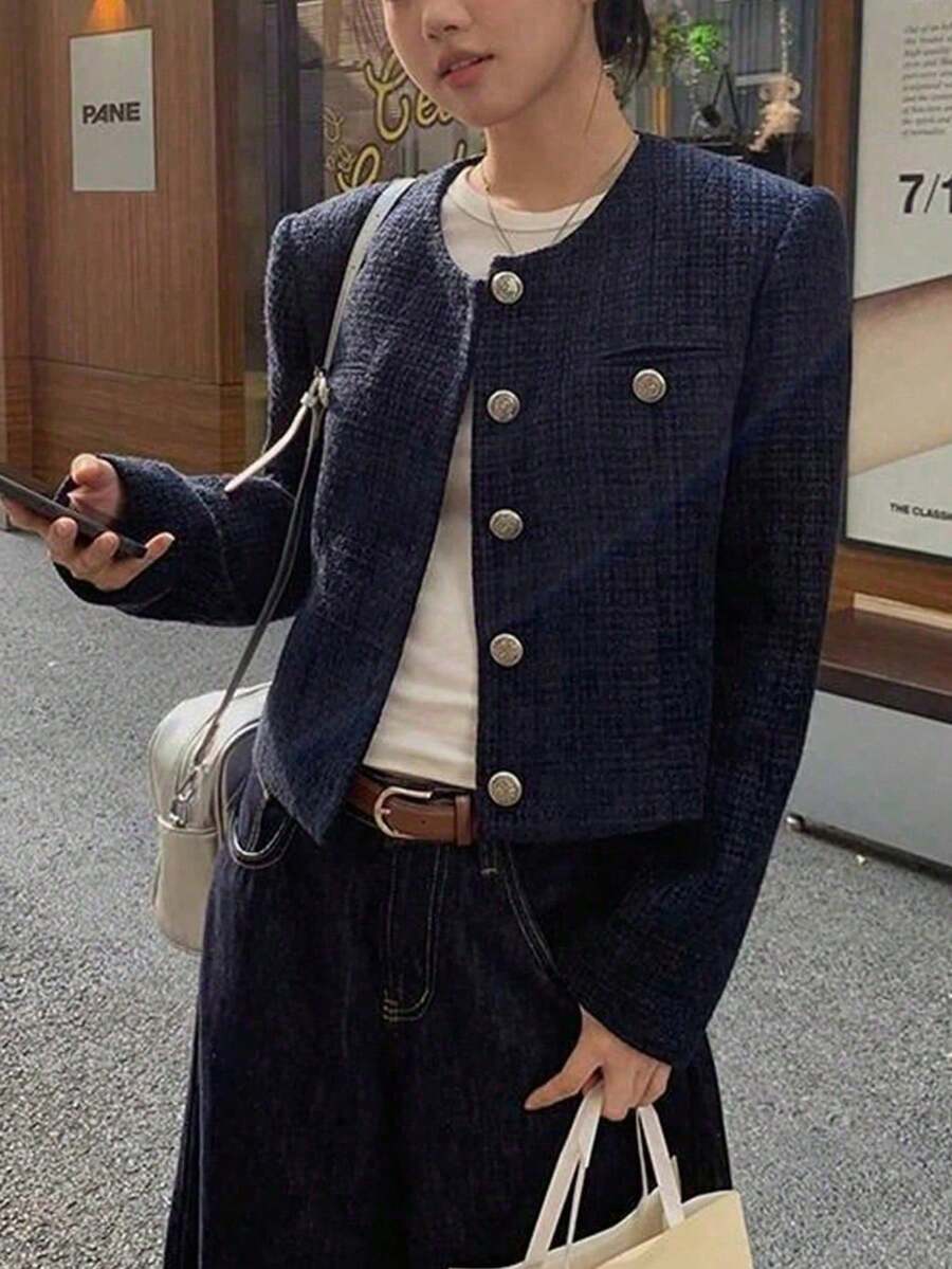 Women Front Button Long Sleeve Casual Cropped Round Neck Jacket, Autumn/Winter - Navy Blue - View 1