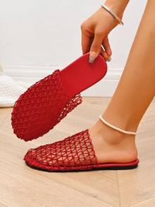 女士时尚镂空编织平底拖鞋，波西米亚风透气沙滩拖鞋，春夏穿搭 - 紅色 - 查看 11