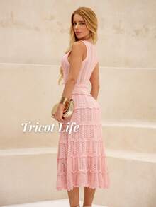 Women's Midi Dress, Knit, Summer, Crochet, Ruffles, Party, Beach, Elegant, Christmas, New Year's Eve, Premium - 淺粉色 - 查看 5